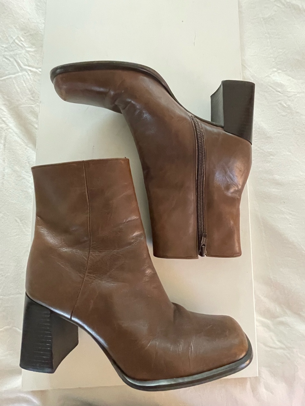 NIne West Genuine Leather Block Heel Square Toe Ankle Boots Booties Brown